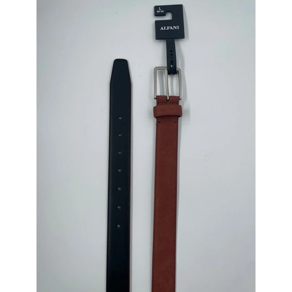 Alfani Mens Reversible Belt Rust Brown Black Silver Buckle Size Large 38-40